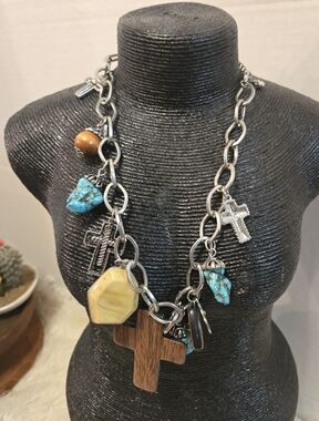 Vintage Turquoise, Wood & Yellow Charm Cross Necklace - Women Jewelry